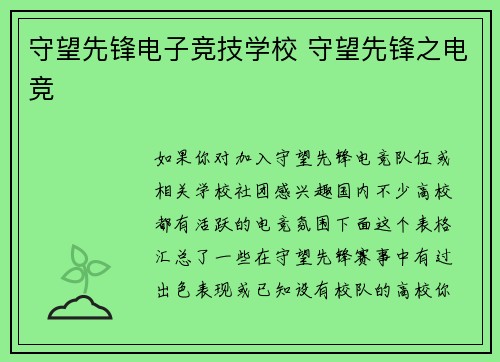 守望先锋电子竞技学校 守望先锋之电竞